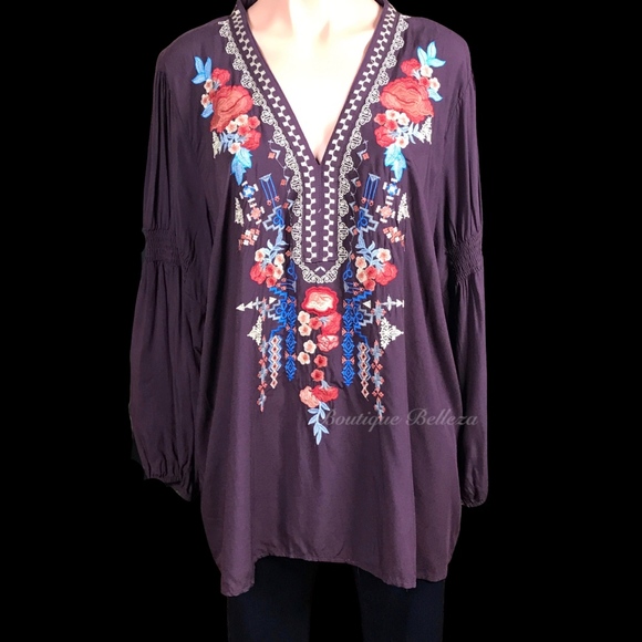 Andree Tops - Custom Embroidered Woven Top In Eggplant: 1XL-3XL